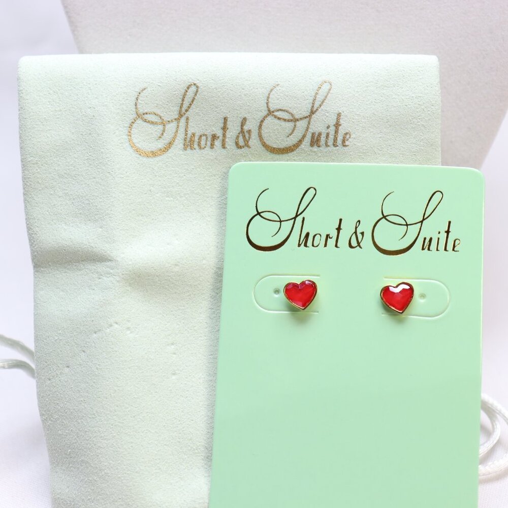 Short & Suite Gold Tone Red Crystal Heart Stud Earrings $32 New